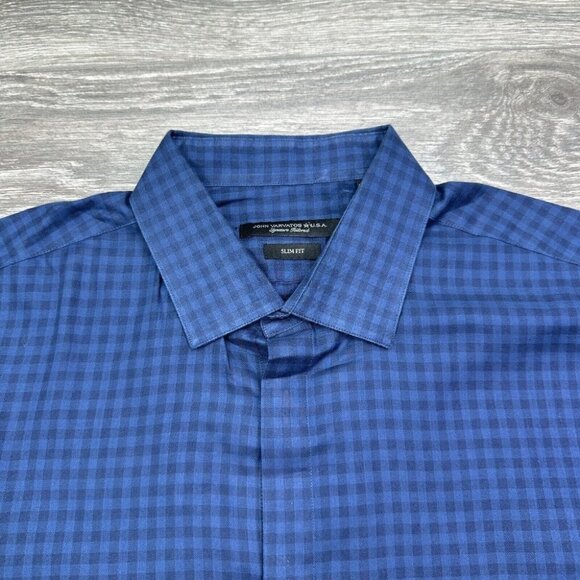 John Varvatos Slim Fit Tailored Dress Shirt Mens 16 32/33 Blue Check Preppy - Picture 3 of 15